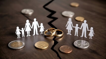 Divorce Concept Image &ndash; Paper Families, Wedding Rings, and Financial Separation Symbolism
