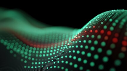 Abstract digital waves with green and red dots representing sound waves, data visualization, technology background, futuristic design, and modern graphics