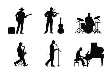 Professional musicians playing various instruments silhouette collection