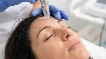 Fototapeta premium Professional microneedling facial treatment on mature woman's forehead at dermatology clinic for anti-aging and skin rejuvenation