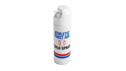 Athlete first aid cold spray can for instant cooling relief of sports injuries, compact white aerosol bottle with blue and red graphics, fast acting muscle and joint pain treatment

