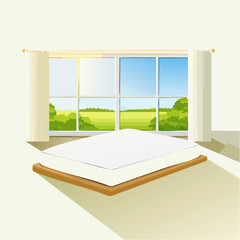 A White Mattress on a Wooden Platform in a Bright Room with a Large Window Overlooking a Green Landscape under a Sunny Sky
