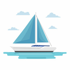 Sailboat gliding across blue ocean water under a clear sky with scattered clouds, minimalist vector illustration