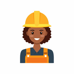 Illustration of cheerful African American woman in a hard hat and work jumpsuit uniform smiling