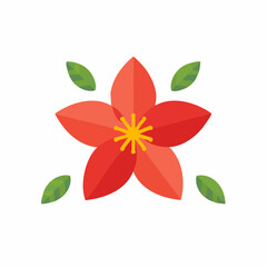 Red Floral Icon with Green Leaves: Flat Design Flower Illustration for Spring or Summer Graphic