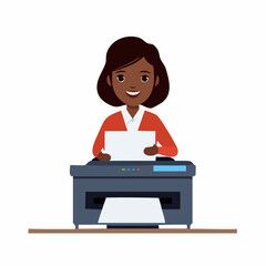Smiling African American woman using a printer to copy documents. Office worker handling paperwork and office technology. Professionalism and efficiency.