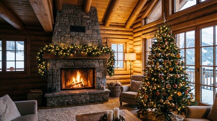 Warm and cozy rustic living room interior in a wooden winter cabin featuring a glowing fireplace and a beautifully decorated Christmas tree. Natural wood textures, soft lighting and festive