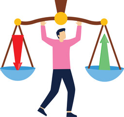 Balance between expenditure and income, balance between falling arrows and rising arrows with scales,

