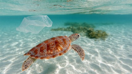 sea turtle swimming near a floating plastic bag, cautionary distance, clear tropical water
