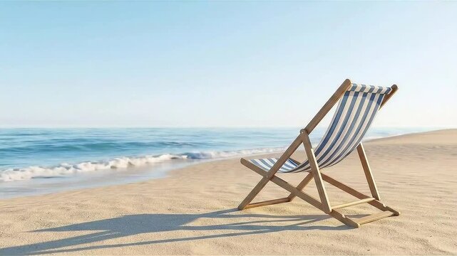 Striped deck chair on a sandy beach oposite the calm blue sea under a clear sky. The scene evokes a peaceful and relaxing summer vacation mood. Concept: travel, leisure, holiday, seaside getaway