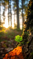 Tiny clover at sunset in a forest