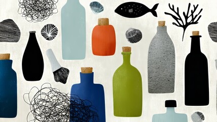 pattern, ocean icons mixed with trash