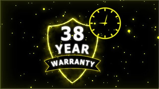 Neon Glowing Shield Badge with 38 Year Warranty Text and Clock Animation on black Futuristic Background.