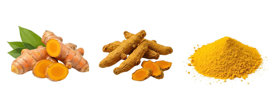 Fresh turmeric roots, sun-dried and bright yellow turmeric powder piles isolated on transparent background
