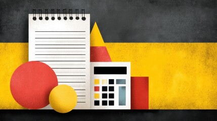 Abstract composition featuring stationery items including notepad, calculator, geometric shapes on grunge background with yellow and black color scheme