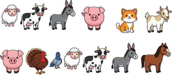 Cute farm animals character collection with cow pig sheep donkey goat and poultry, colorful cartoon vector illustration set © Sumon Creative