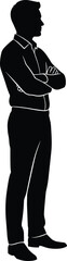 Business man standing silhouette illustration, side view arms crossed professional male figure black vector design