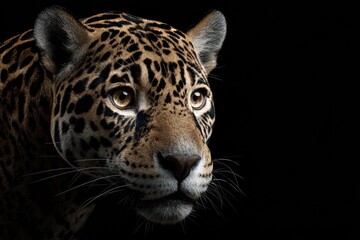 Obraz premium Close up of Jaguar With Golden Eyes and Shadows Against Black Background in High Resolution