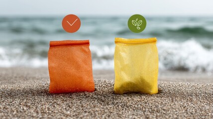 biodegradable packaging vs plastic side-by-side on shoreline, label icons