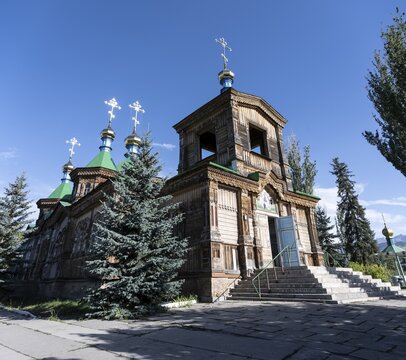 Russian Orthodox Church Cathedral of the Holy Trinity, wooden church with green spires, Karakol, Kyrgyzstan