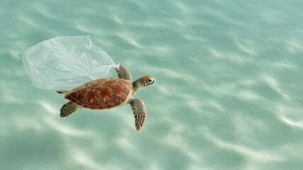 sea turtle swimming near a floating plastic bag, cautionary distance, clear tropical water