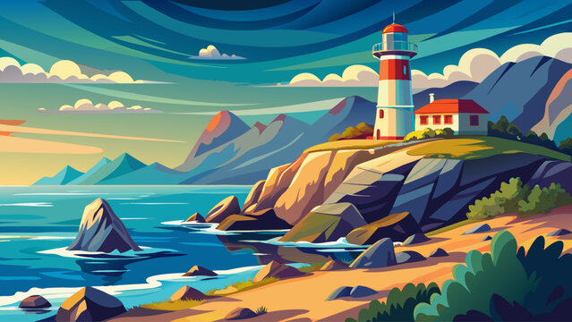 Sea landscape vector with lighthouse on rocky shore, coastal flat illustration