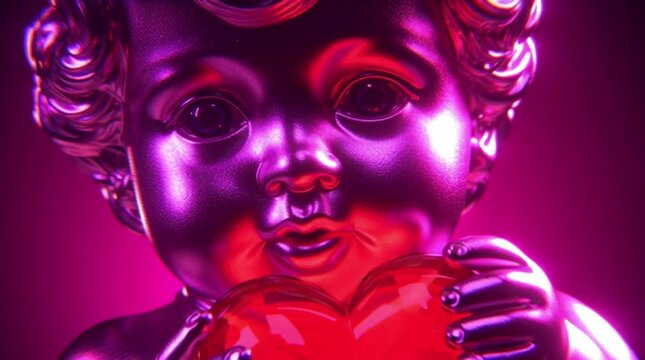 Valentine's Day, Wedding. Neon purple cupid holds a red heart.
