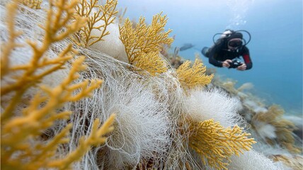 diver photographing a giant ghost net snagged on a reef, particulate haze