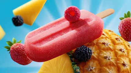 Frozen fruit popsicle with berries and pineapple against blue background
