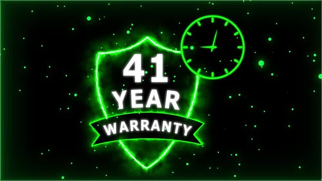 Neon Glowing Shield Badge with 41 Year Warranty Text and Clock Animation on black Futuristic Background.