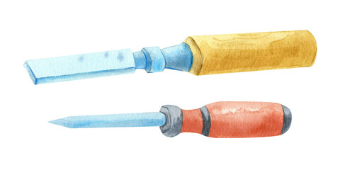 Hand painted watercolor set of woodworking tools including chisel, file, wrench and level. Isolated carpentry hand tools on white background, suitable for DIY projects, woodworking workshops