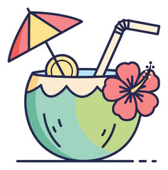 Fototapeta premium Tropical cocktail in a coconut glass with umbrella and hibiscus.