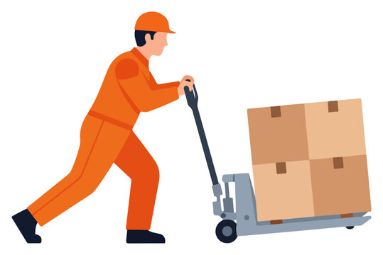 Worker in orange uniform pushing pallet jack with box.