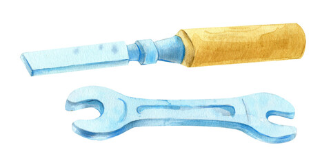 Hand painted watercolor set of woodworking tools including chisel, file, wrench and level. Isolated carpentry hand tools on white background, suitable for DIY projects, woodworking workshops