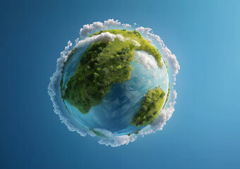Fototapeta premium Miniature green earth with clouds against blue sky