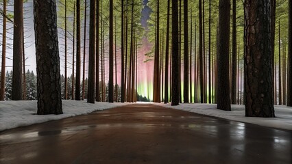 A serene winter road surrounded by tall trees and snow under a colorful sky