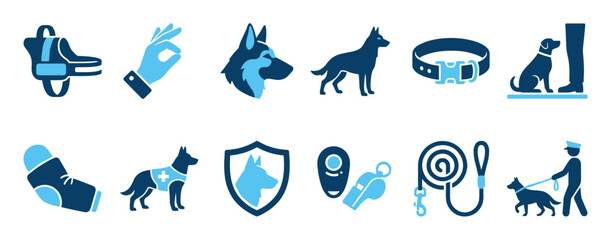 Set of blue K9 unit icons for police and service dog training, including a muzzle, leash, collar, whistle, and security shield for obedience concepts