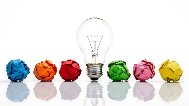 Bright idea shining among crumpled paper balls in various colors symbolizing creativity and innovation with a clear light bulb standing out in a row. - Powered by Adobe