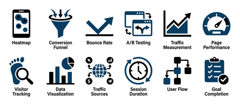 Twelve distinct digital marketing and web analytics icons are clearly displayed, illustrating key concepts like heatmaps, conversion funnels, and user flow in a modern, informative style