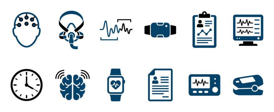 Set of sleep study medical icons for polysomnography and apnea diagnosis, including symbols for EEG, CPAP mask, brainwaves, and heart rate monitoring in a flat graphic style