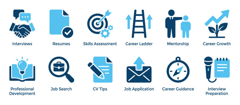 Collection of blue career development icons representing job search concepts like interviews, resumes, skills assessment, and mentorship for business infographics