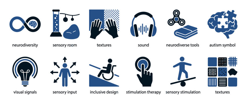 Collection of blue neurodiversity and sensory icons illustrating concepts of autism, inclusion, therapy, and stimulation tools in a clean, minimalist vector graphic style