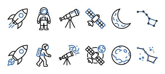 Space and astronomy themed icon set collection with rocket, astronaut, telescope, satellite, and constellation symbols for science and exploration concepts in a minimal line art style