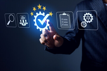 certification concept with businessman hand reach to touch engineering certified icon represent to got the standard certification or compliance regulatory requirements