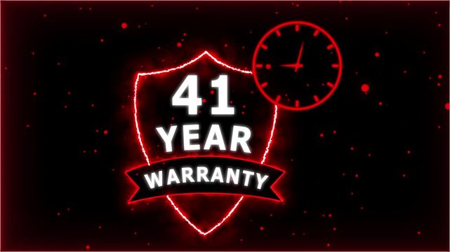 Neon Glowing Shield Badge with 41 Year Warranty Text and Clock Animation on black Futuristic Background.