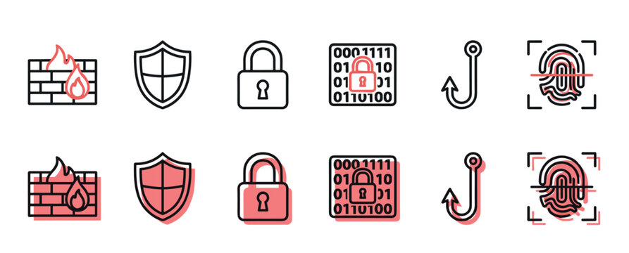 Set of cybersecurity and internet protection icons including firewall, shield, padlock, binary code, phishing hook, and fingerprint scanner in a clean, modern line art style
