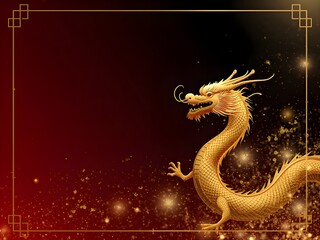 Golden Chinese Dragon on Red and Black Background for Chinese New Year Celebration. 