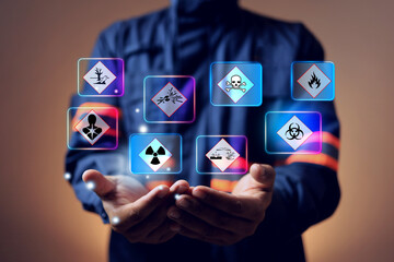 MSDS material safety data sheet concept with staff holding a virtual sign of dangerous chemical label warning staff working on storage site