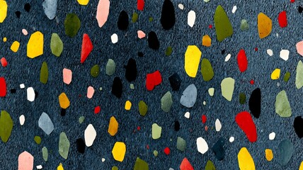 microplastic confetti pattern, tiny irregular colorful specks on deep-sea blue