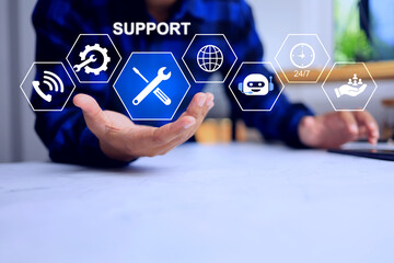 technical support concept with a man holding torque wrench icon represent to ready to answer question from customer or products details